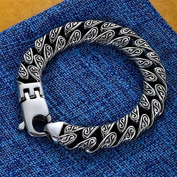 Stainless Steel Chain Link Bracelet, Mantra, Curb Hand Woven Engraved - Picture 1 of 4